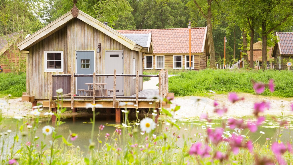 Waterzicht van lodge met bloemen op de voorgrond