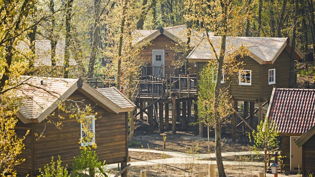 Buitenaanzicht van 6 persoons comfortkamers tussen de bomen in Efteling Loonsche Land